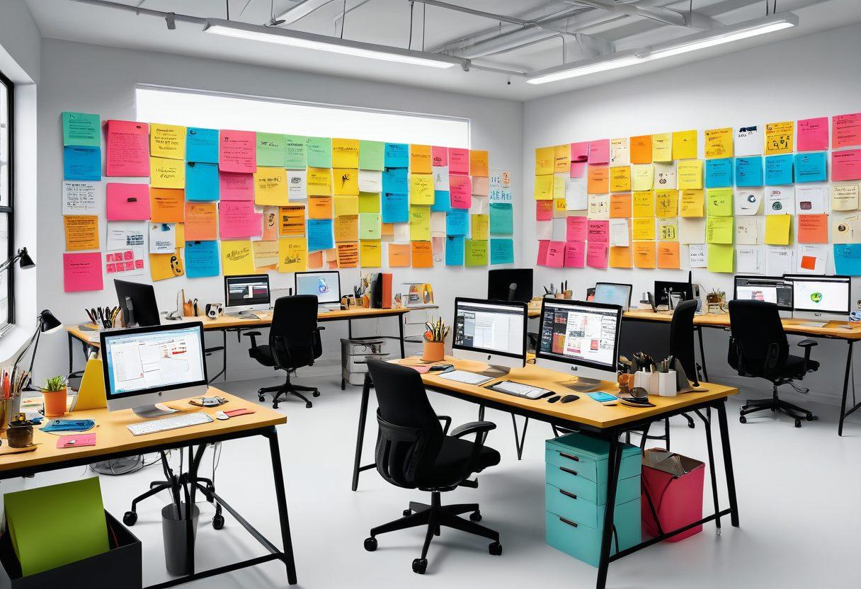 A colorful and engaging workspace filled with modular design tools, featuring a cheerful, diverse team collaborating on a web interface design. Include vibrant visual elements like sticky notes, wireframes, and cheerful digital illustrations on screens. The atmosphere should convey creativity and a sense of fun in interactive design. super-realistic. vibrant colors. white background.