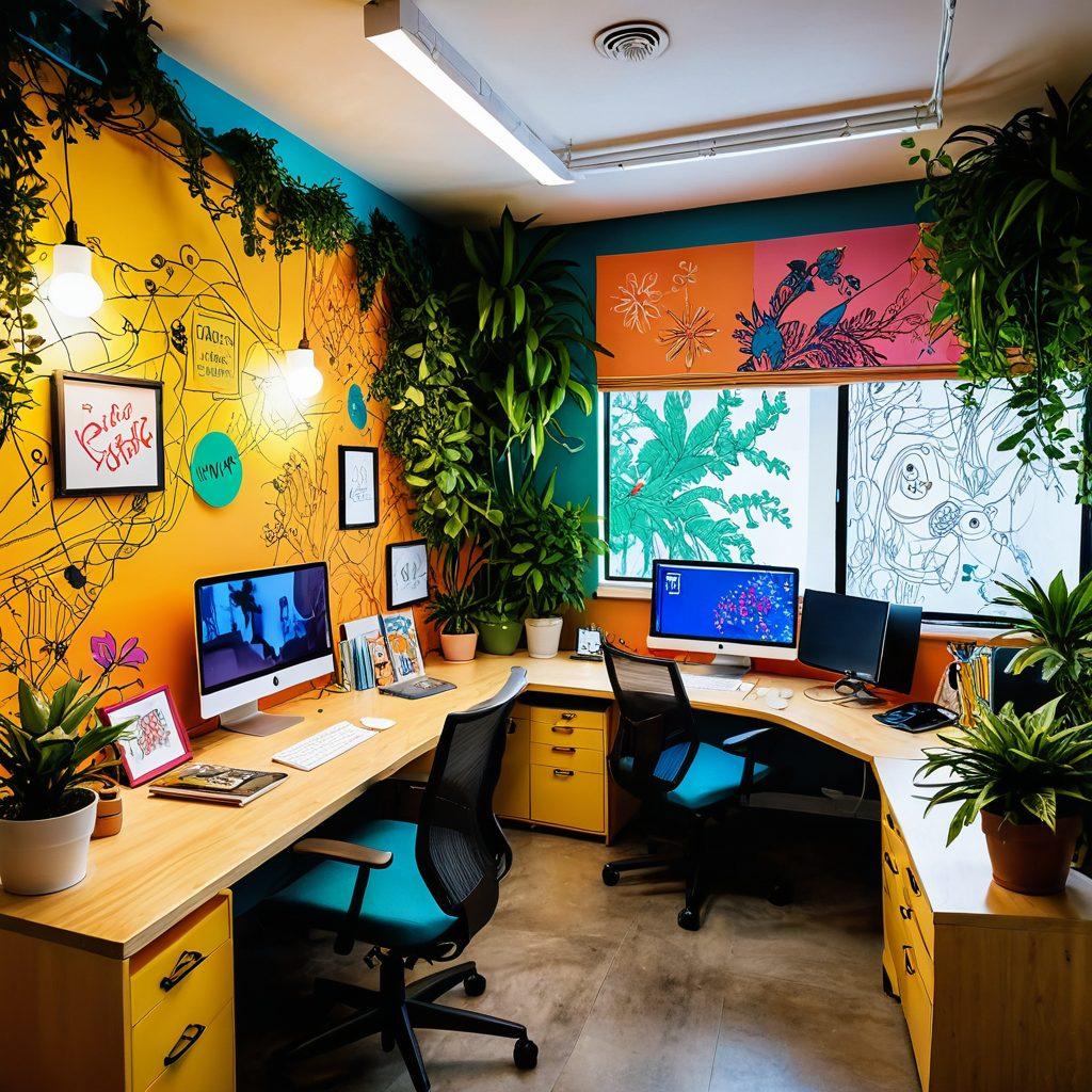 A vibrant, playful workspace filled with colorful sketches and prototypes showcasing web applications. Elements of jsPlumb connections, like colorful cables, weaving through the designs. Bright and cheerful atmosphere with joyful characters interacting with digital screens. Surrounded by plant life and playful art, radiating positivity and creativity. cartoon style, vibrant colors, light-hearted design, engaging and whimsical.